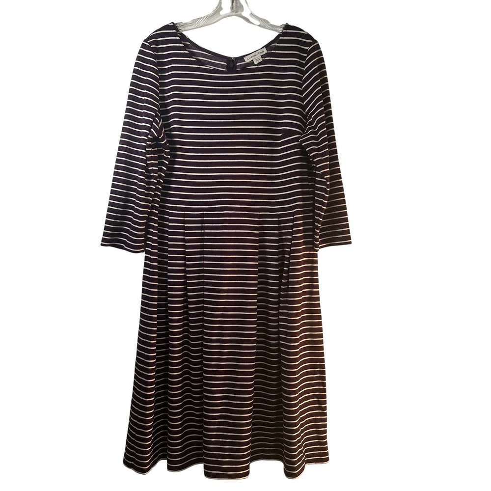 Coldwater Creek Purple White Striped Fit and Flare Dress 3/4 Sleeve Size 16
